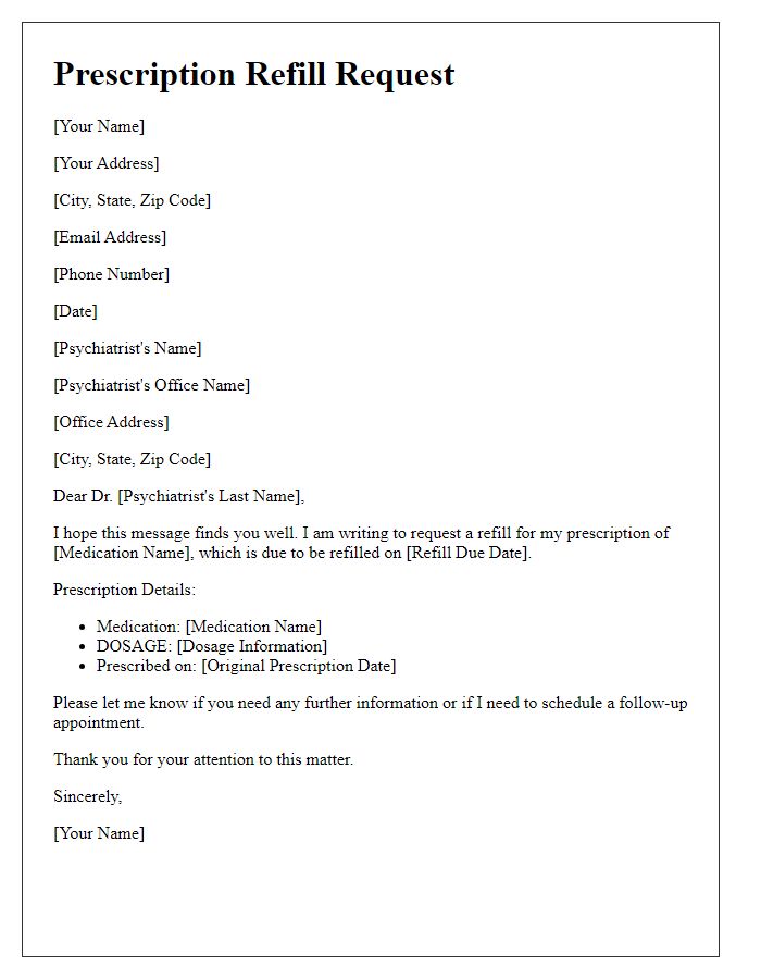 Letter template of prescription refill request for psychiatric medication