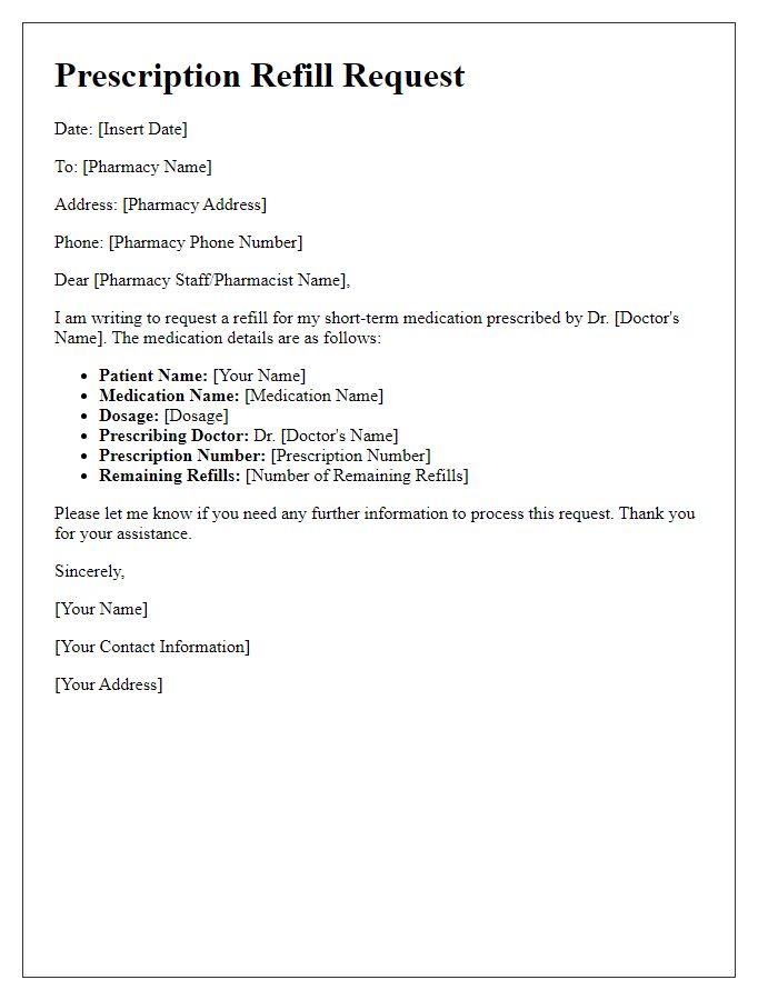 Letter template of prescription refill request for short-term medication