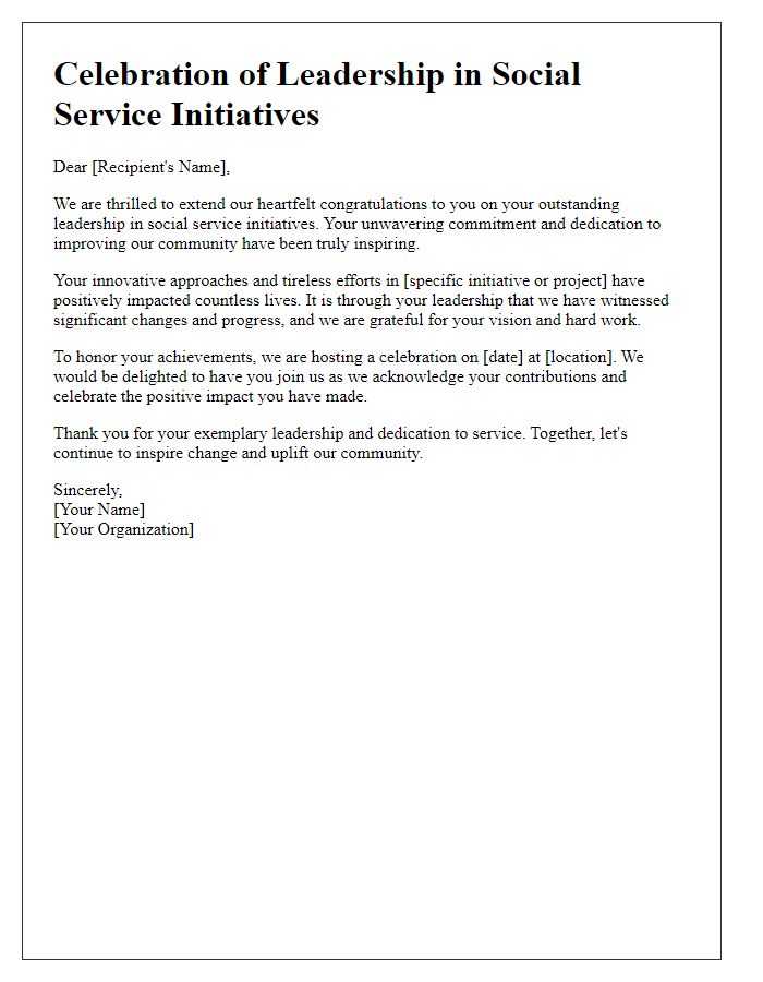 Letter template of celebration for leadership in social service initiatives.