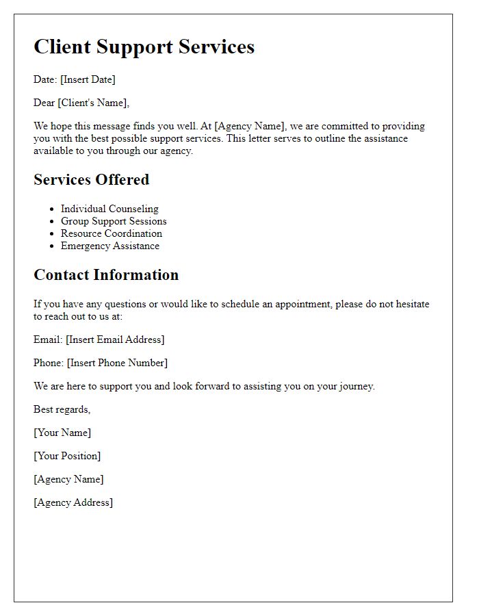 Letter template of client support services for social service agency