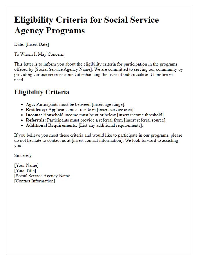 Letter template of eligibility criteria for social service agency programs