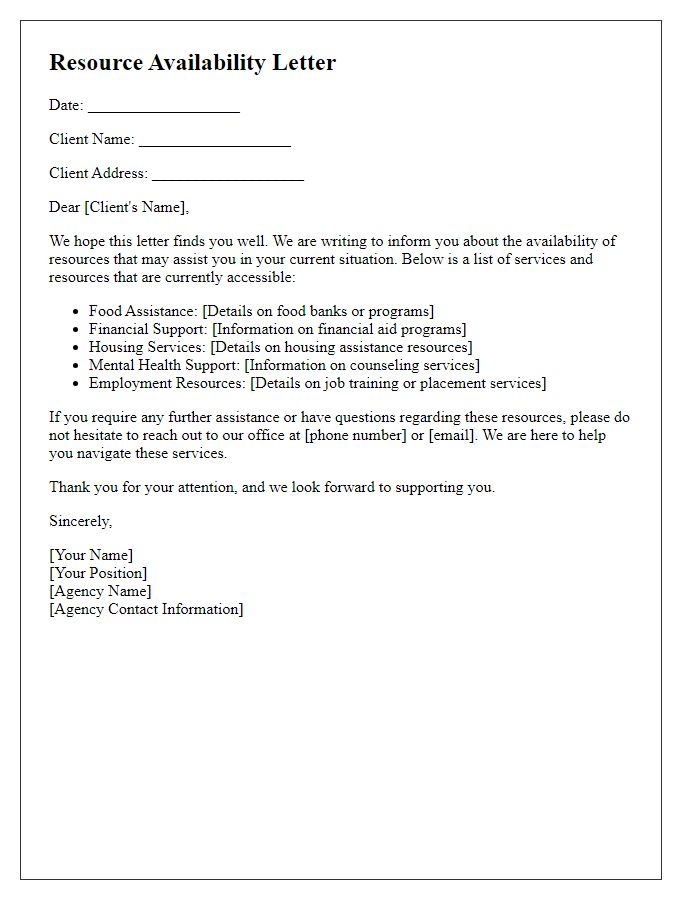 Letter template of resource availability for social service agency clients