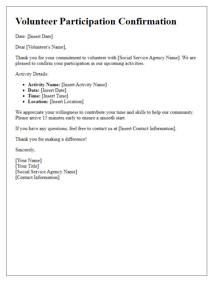 Letter template of volunteer participation for social service agency activities