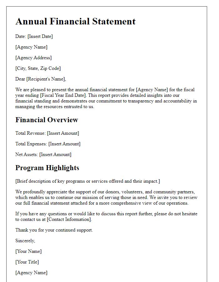 Letter template of annual financial statement for social service agency