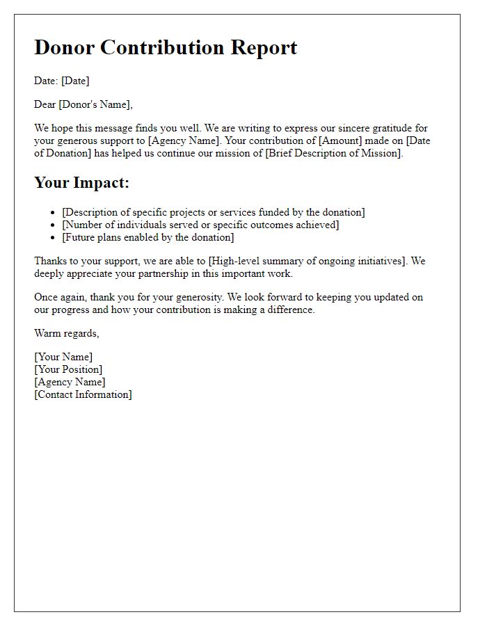 Letter template of donor contribution report for social service agency