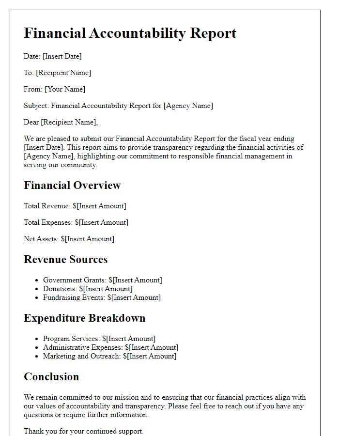 Letter template of financial accountability report for social service agency