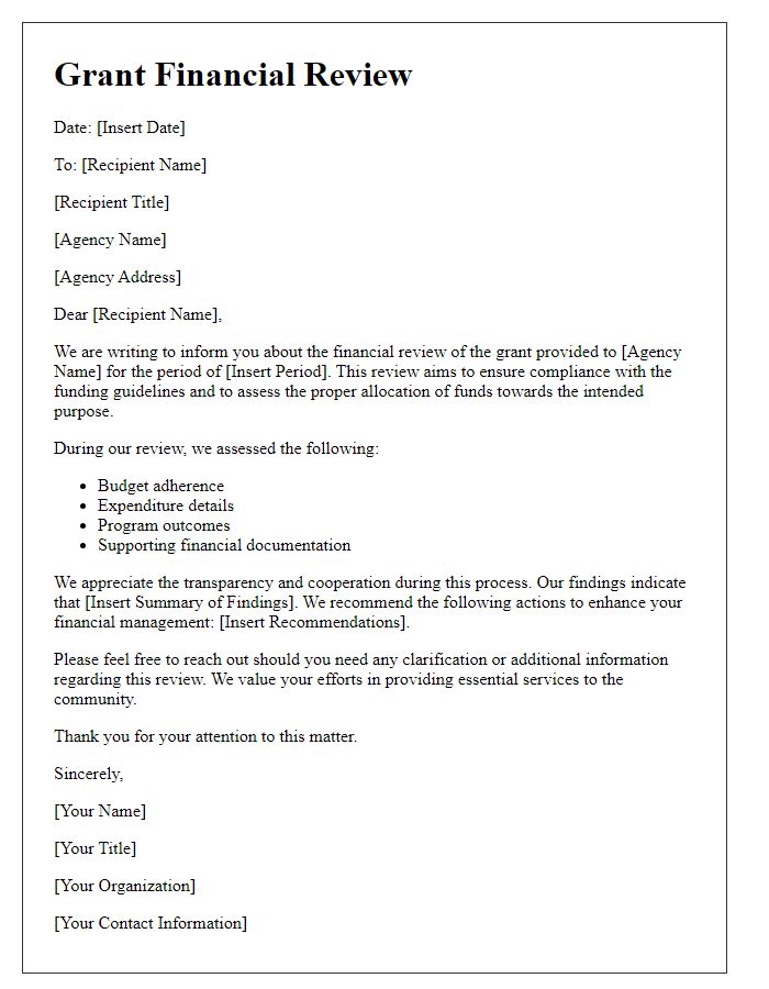 Letter template of grant financial review for social service agency