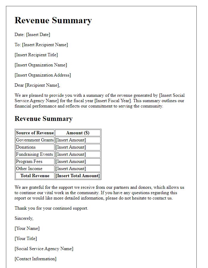 Letter template of revenue summary for social service agency