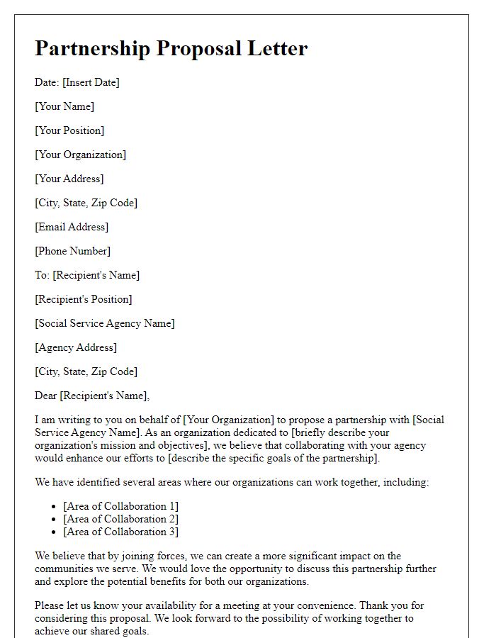 Letter template of proposal for partnership with a social service agency