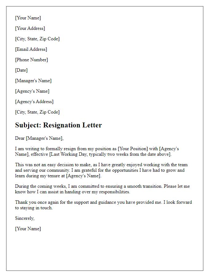 Letter template of resignation from support services with a social service agency