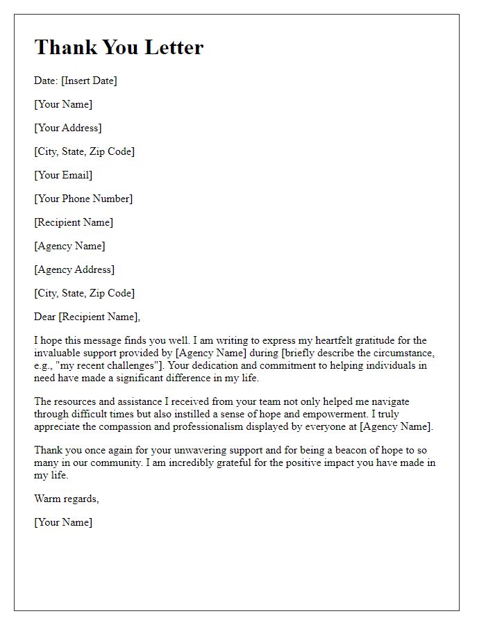 Letter template of thank you to a social service agency for their support