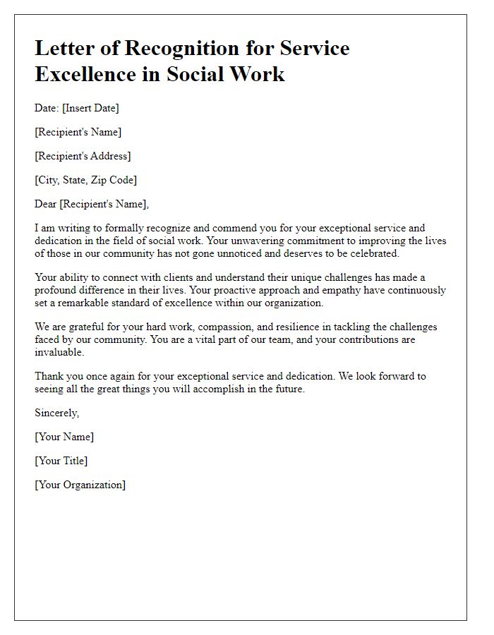 Letter template of recognition for service excellence in social work