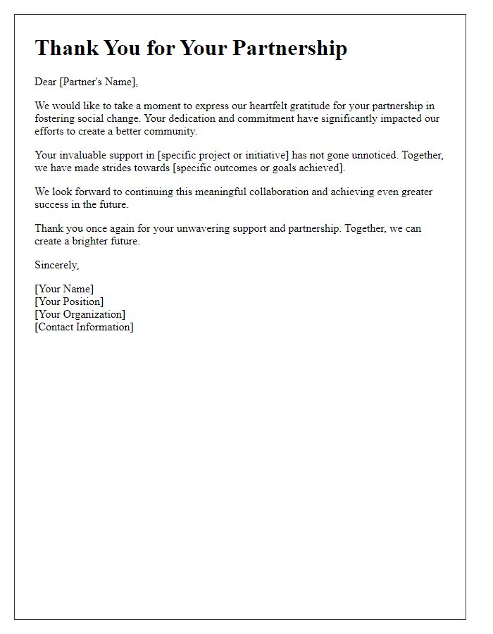 Letter template of thanks for partnership in fostering social change