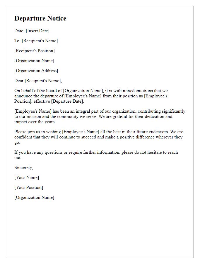 Letter template of departure notice from the board of a social service organization