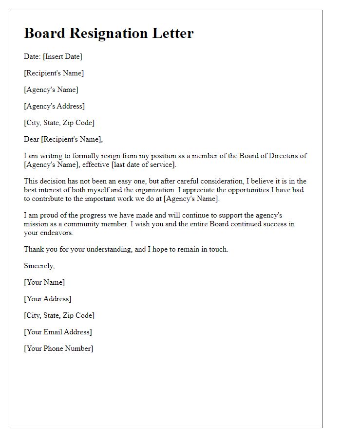 Letter template of formal board resignation from a social service agency