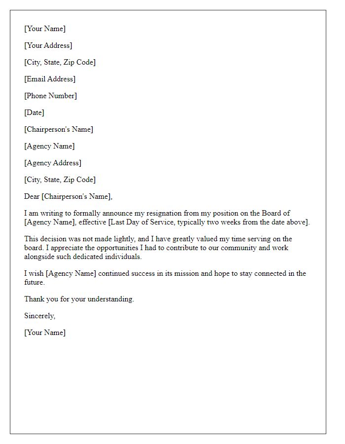 Letter template of notification of resignation from a role on the social service agency board