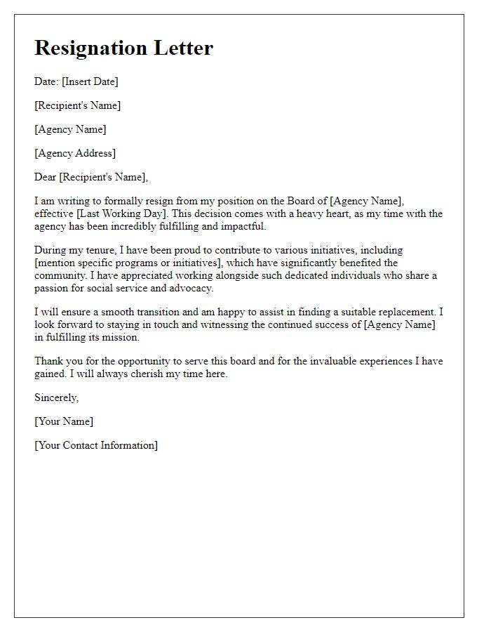 Letter template of resignation highlighting contributions to the social service agency board