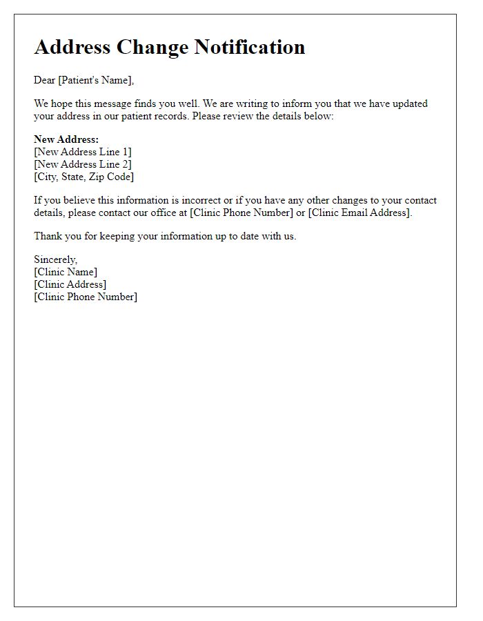 Letter template of address change notification for clinic patient file.