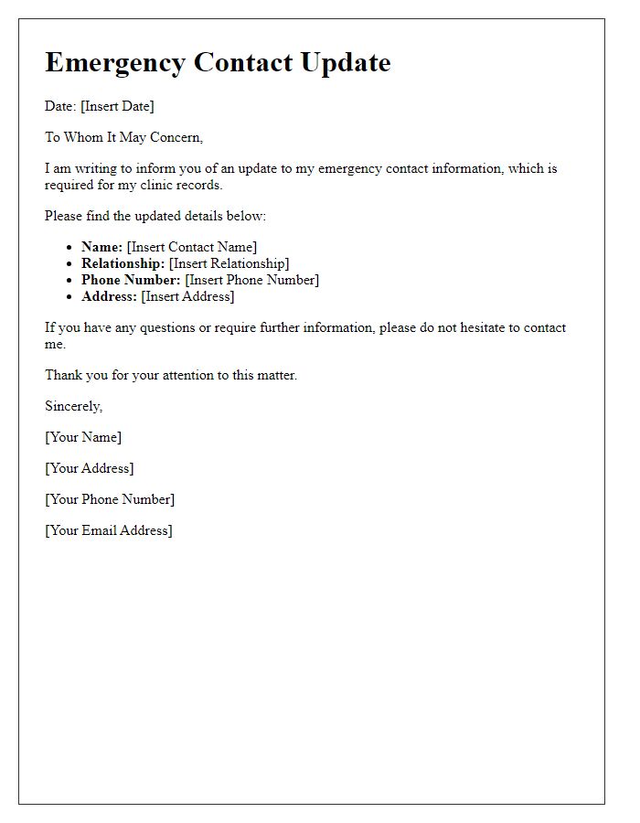 Letter template of emergency contact update for clinic records.