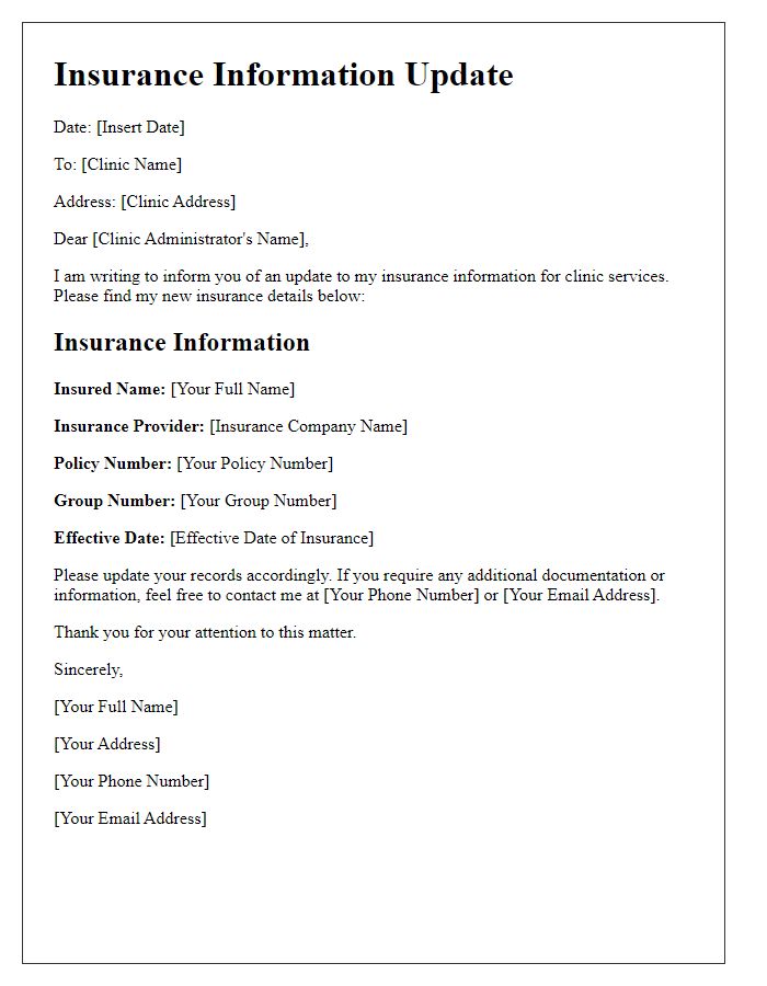 Letter template of insurance information update for clinic services.