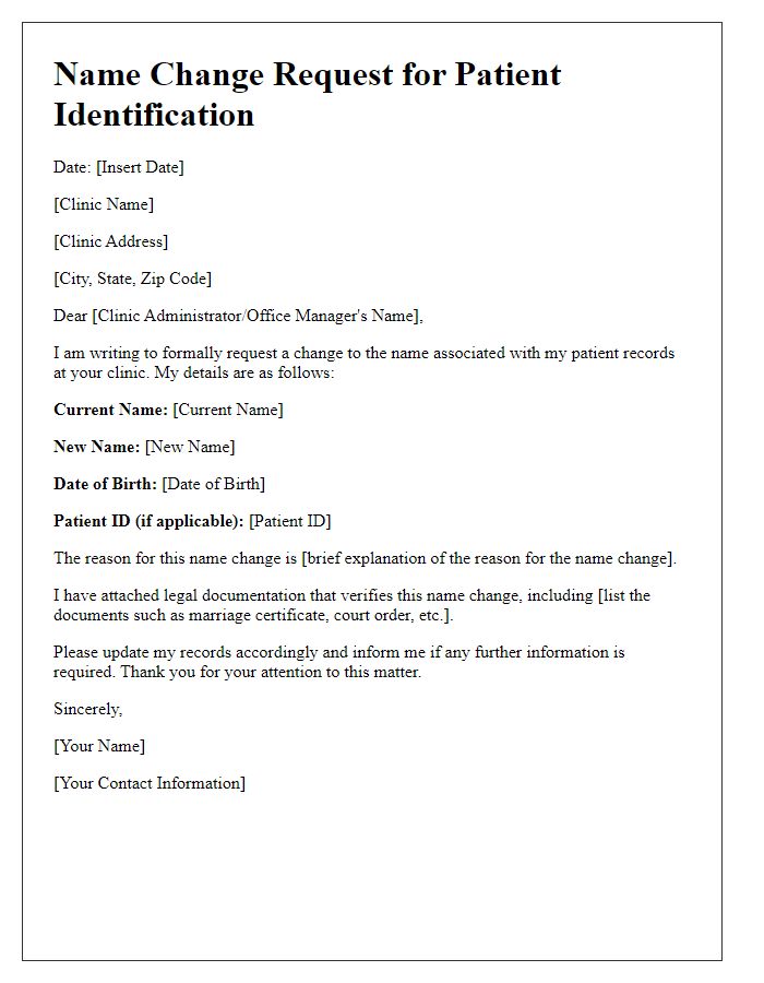 Letter template of name change request for patient identification at clinic.