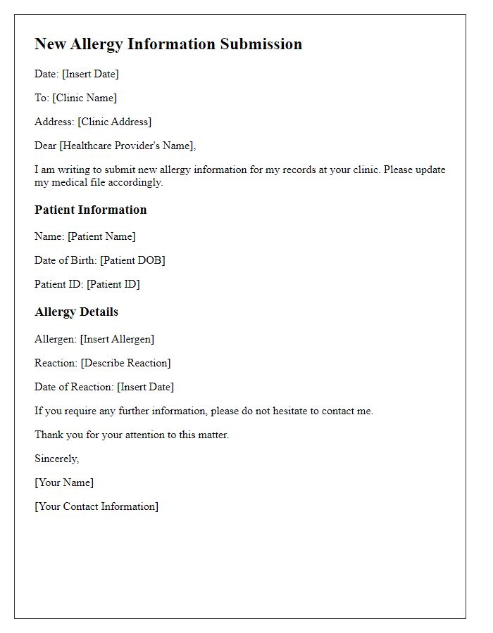 Letter template of new allergy information submission for clinic records.