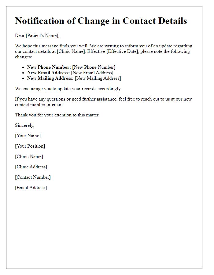 Letter template of notification for changes to contact details at clinic.