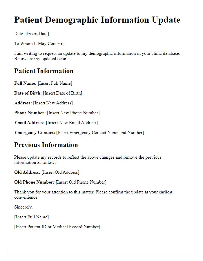 Letter template of patient demographic information update for clinic database.