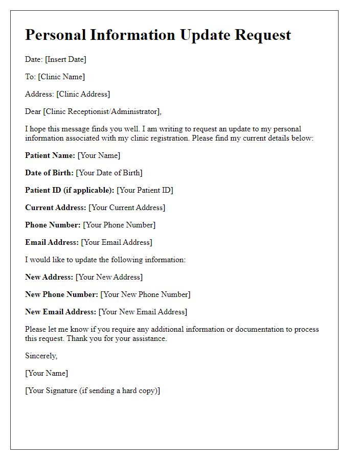 Letter template of personal information update request for clinic registration.