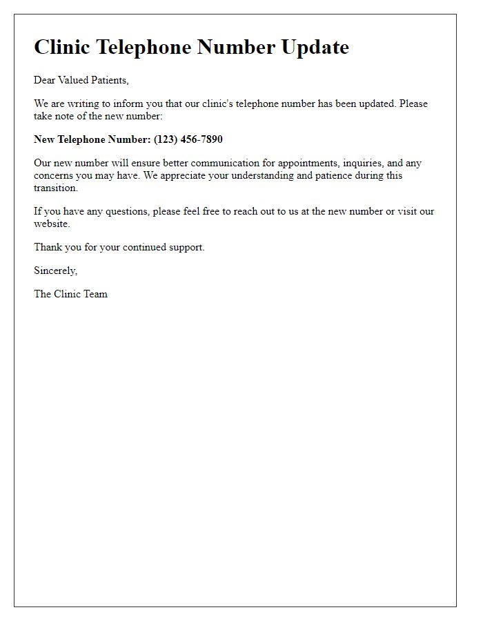 Letter template of telephone number update for clinic communications.