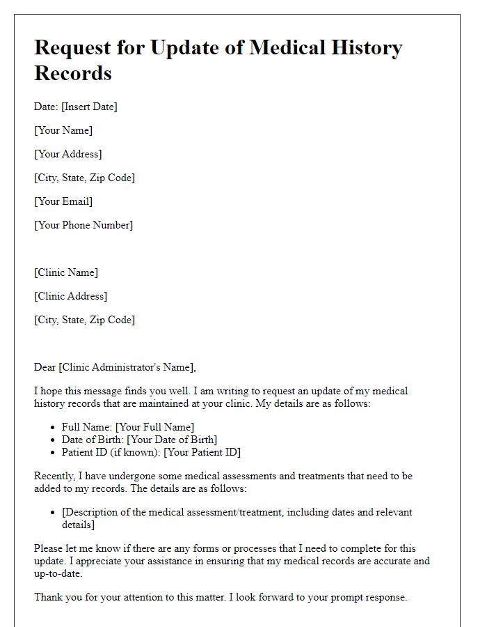 Letter template of update request for medical history records in clinic.