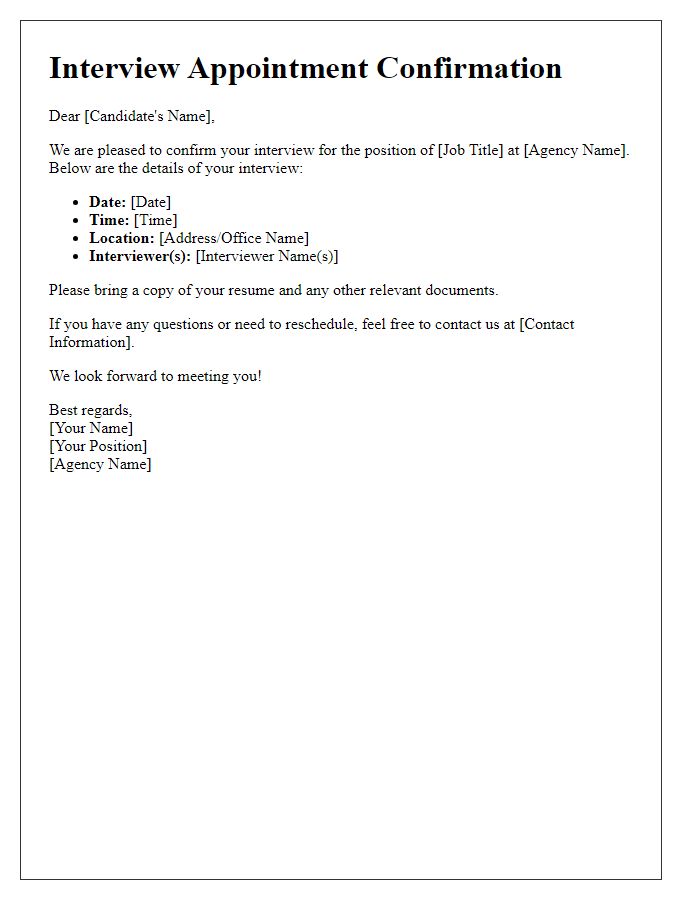 Letter template of interview appointment confirmation for social service agency