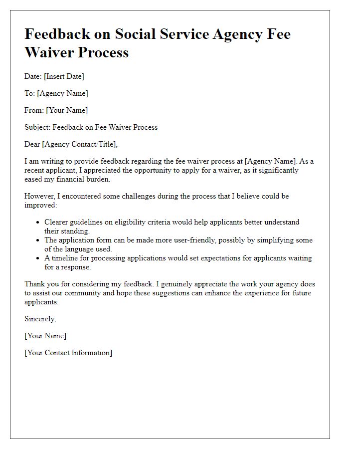 Letter template of feedback regarding the social service agency fee waiver process.