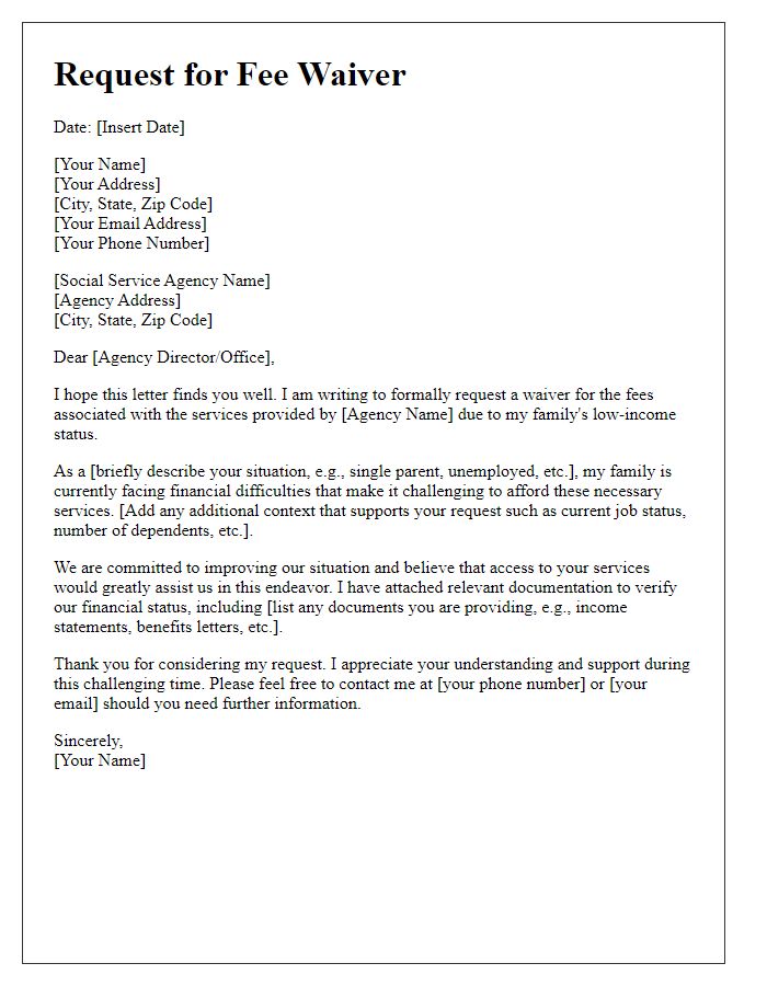 Letter template of request for social service agency fee waiver for low-income families.