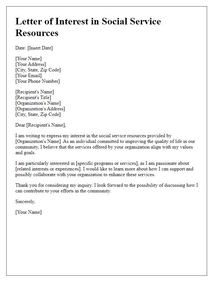 Letter template of interest in social service resources