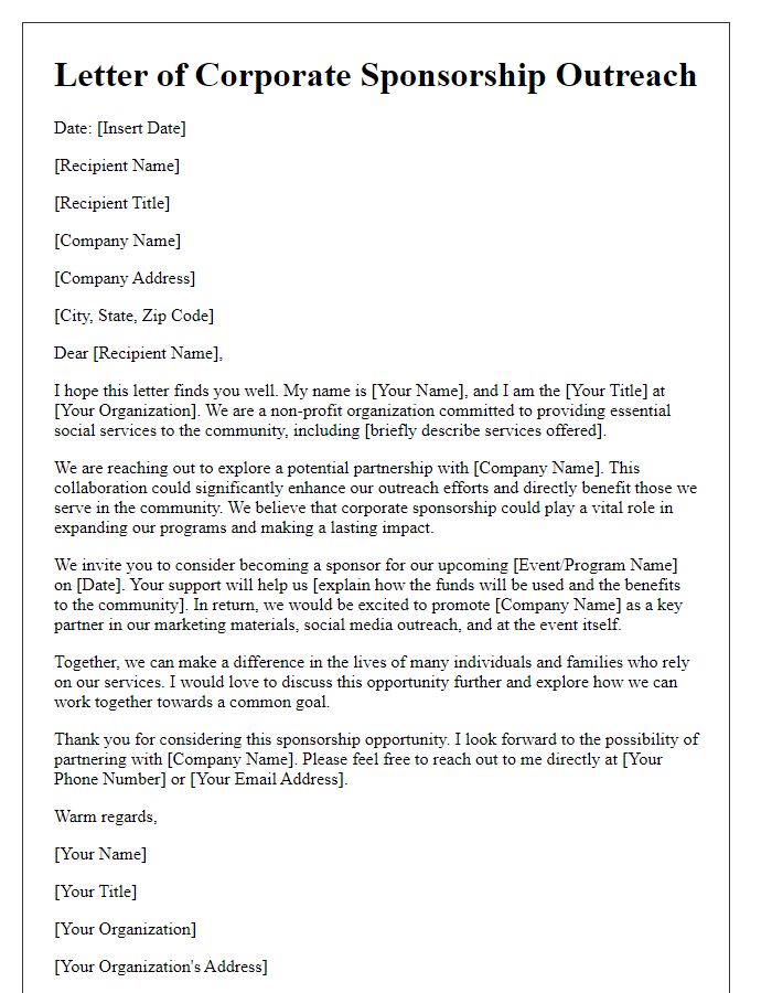 Letter template of corporate sponsorship outreach for social services