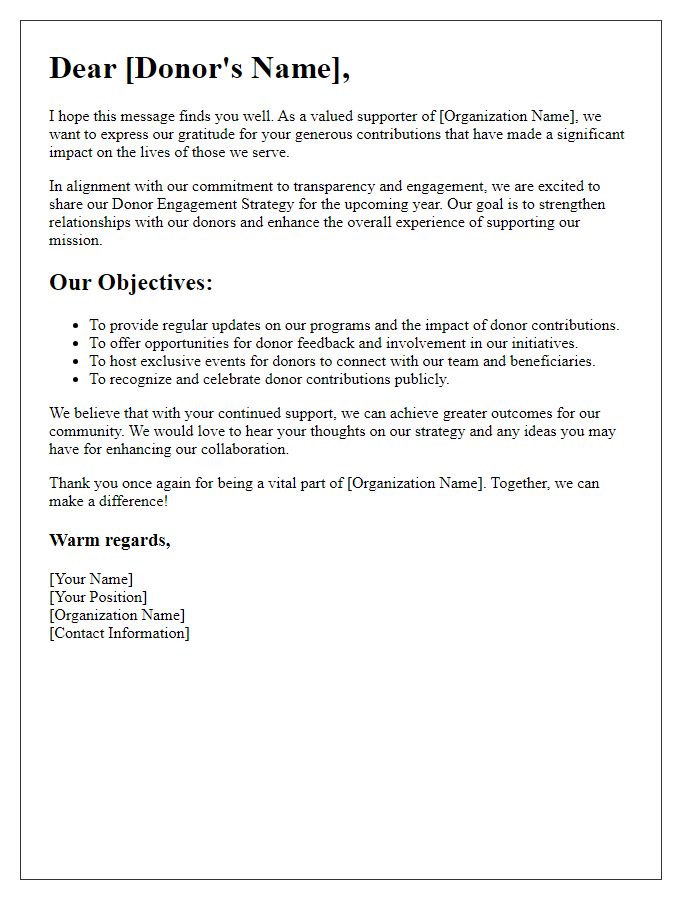 Letter template of donor engagement strategy for social services