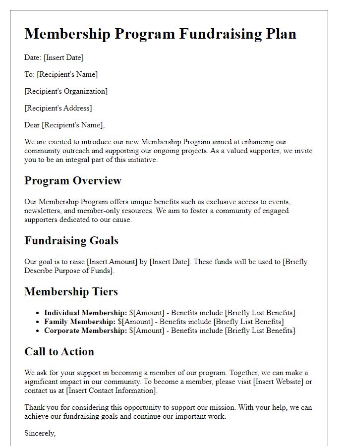 Letter template of membership program fundraising plan