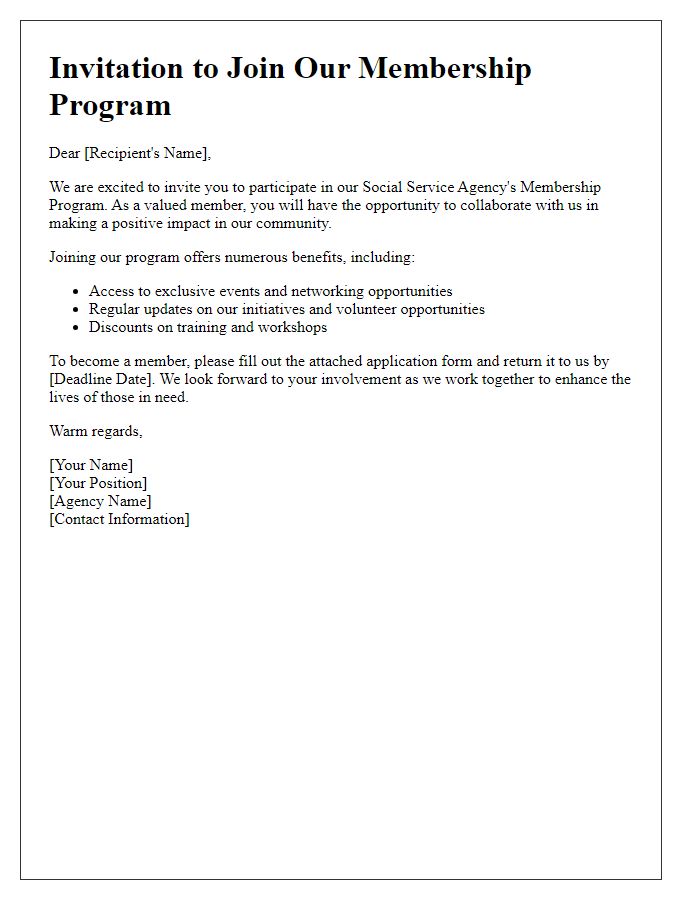 Letter template of invitation to participate in our social service agency membership program.