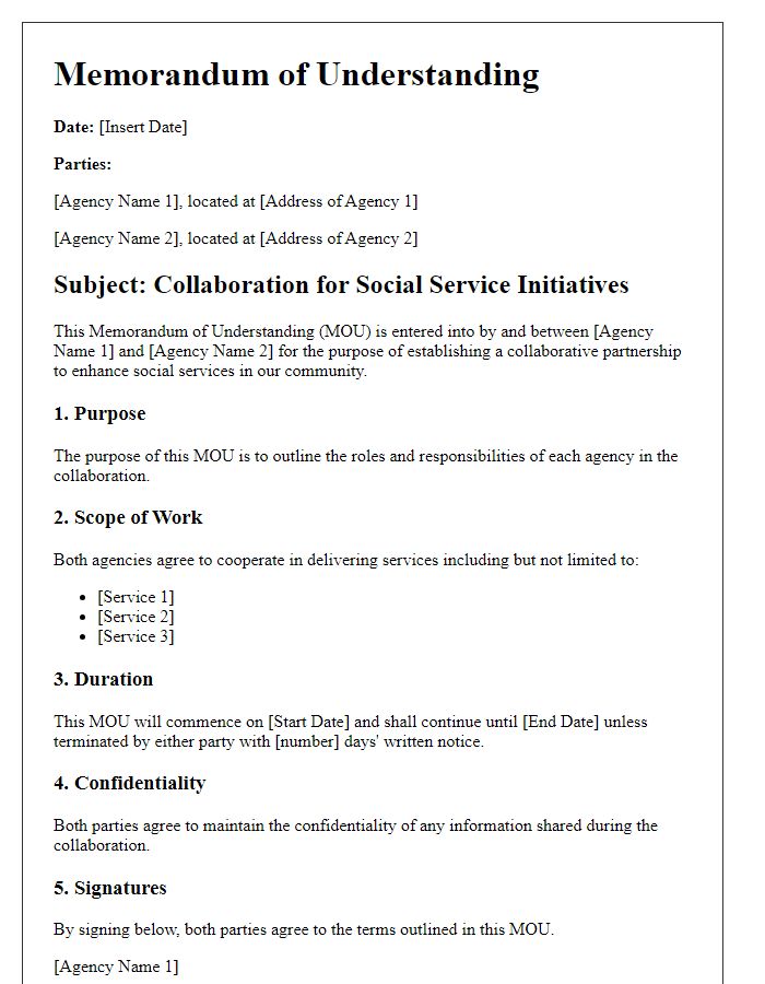 Letter template of memorandum of understanding for social service agency collaboration