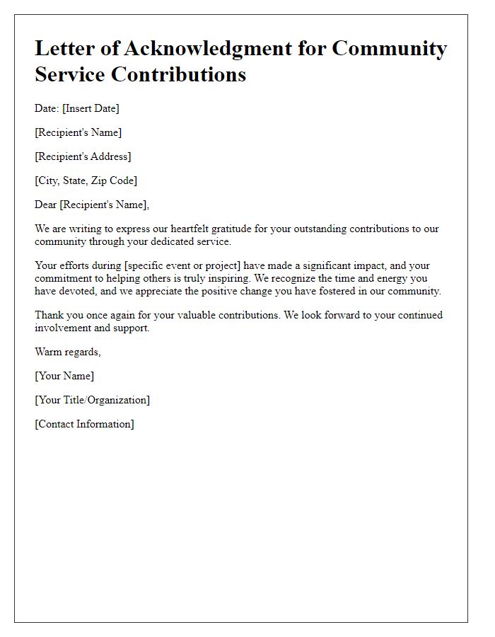 Letter template of Acknowledgment for Community Service Contributions