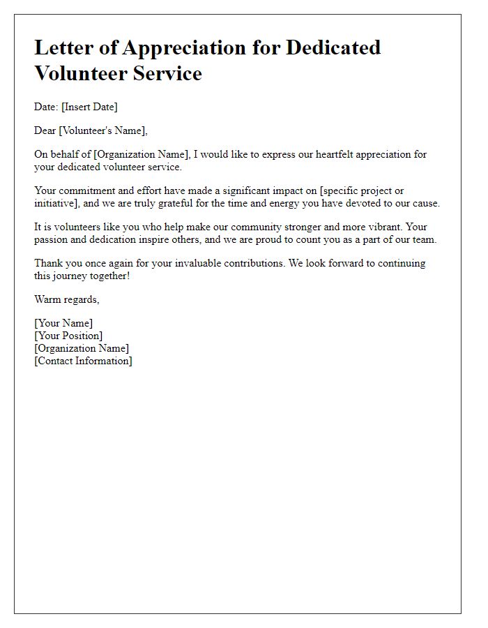 Letter template of Appreciation for Dedicated Volunteer Service