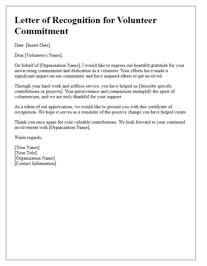 Letter template of Recognition for Volunteer Commitment