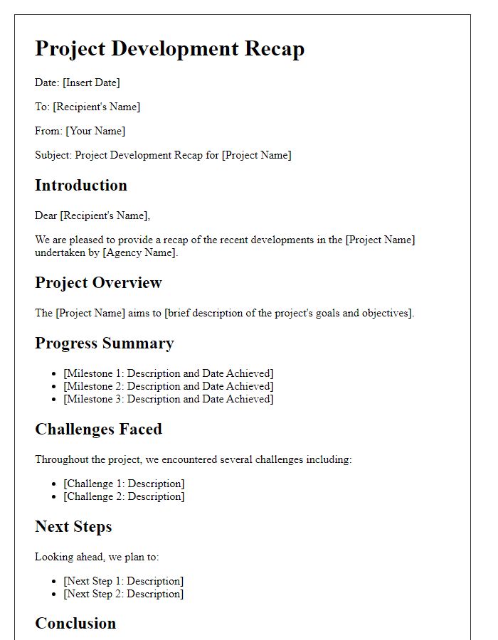 Letter template of project development recap for social service agency.