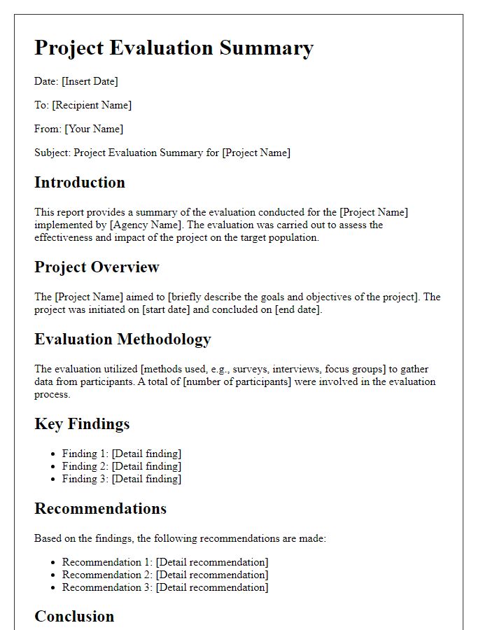 Letter template of project evaluation summary for social service agency.