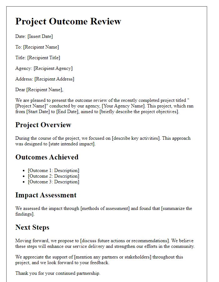 Letter template of project outcome review for social service agency.