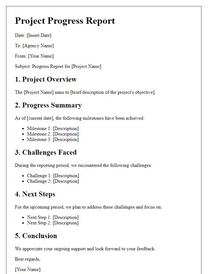 Letter template of project progress report for social service agency.