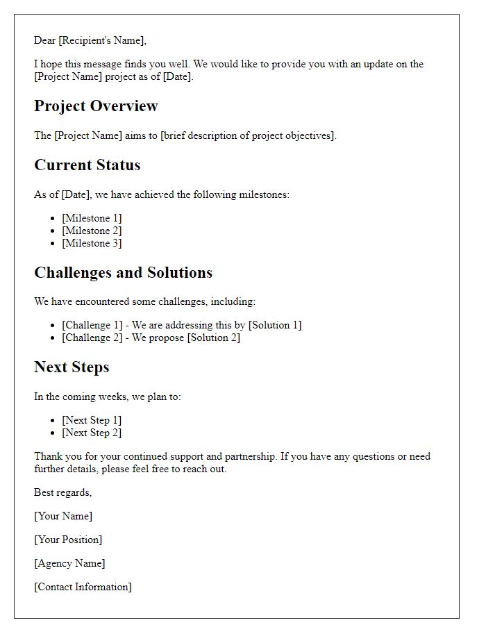 Letter template of project update communication for social service agency.