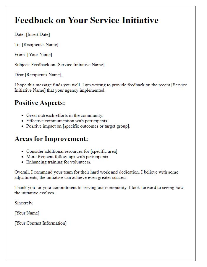 Letter template of service initiative feedback for social service agency.