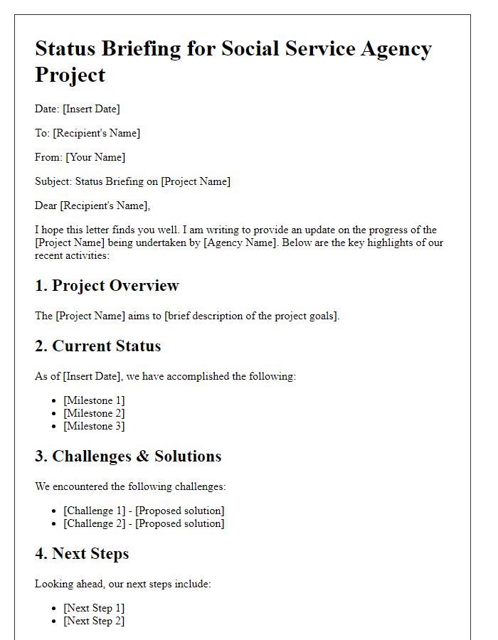 Letter template of status briefing for social service agency project.